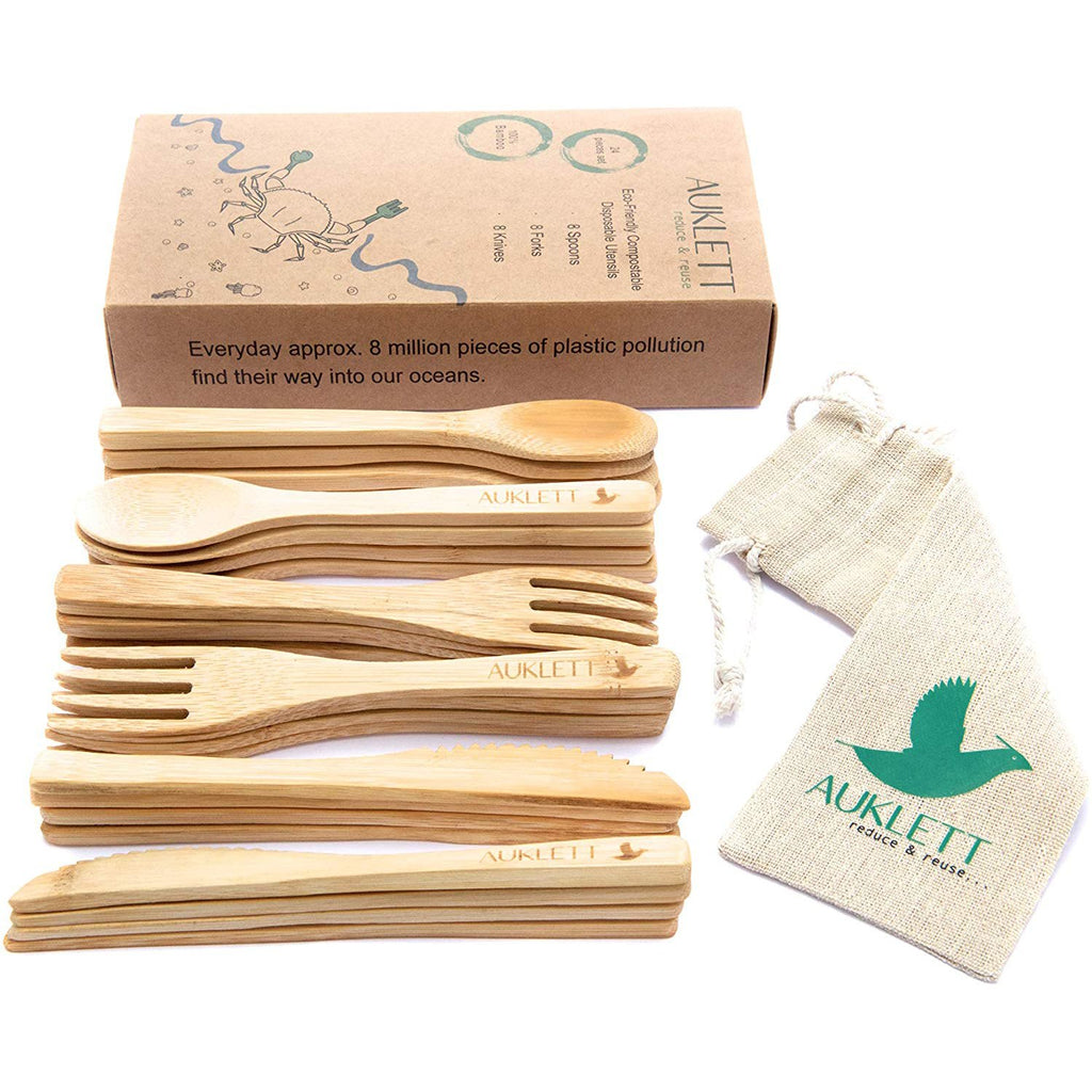 Reusable Bamboo Cutlery Set (Pack of 24 with carry Pouch) by Auklett