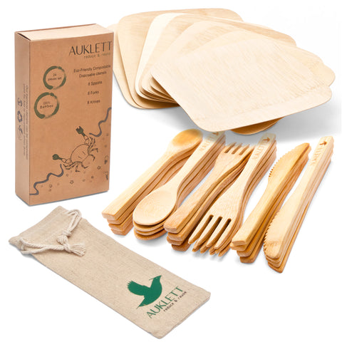 8 Set Reusable Bamboo Cutlery with Bamboo Plates and Travel Pouch