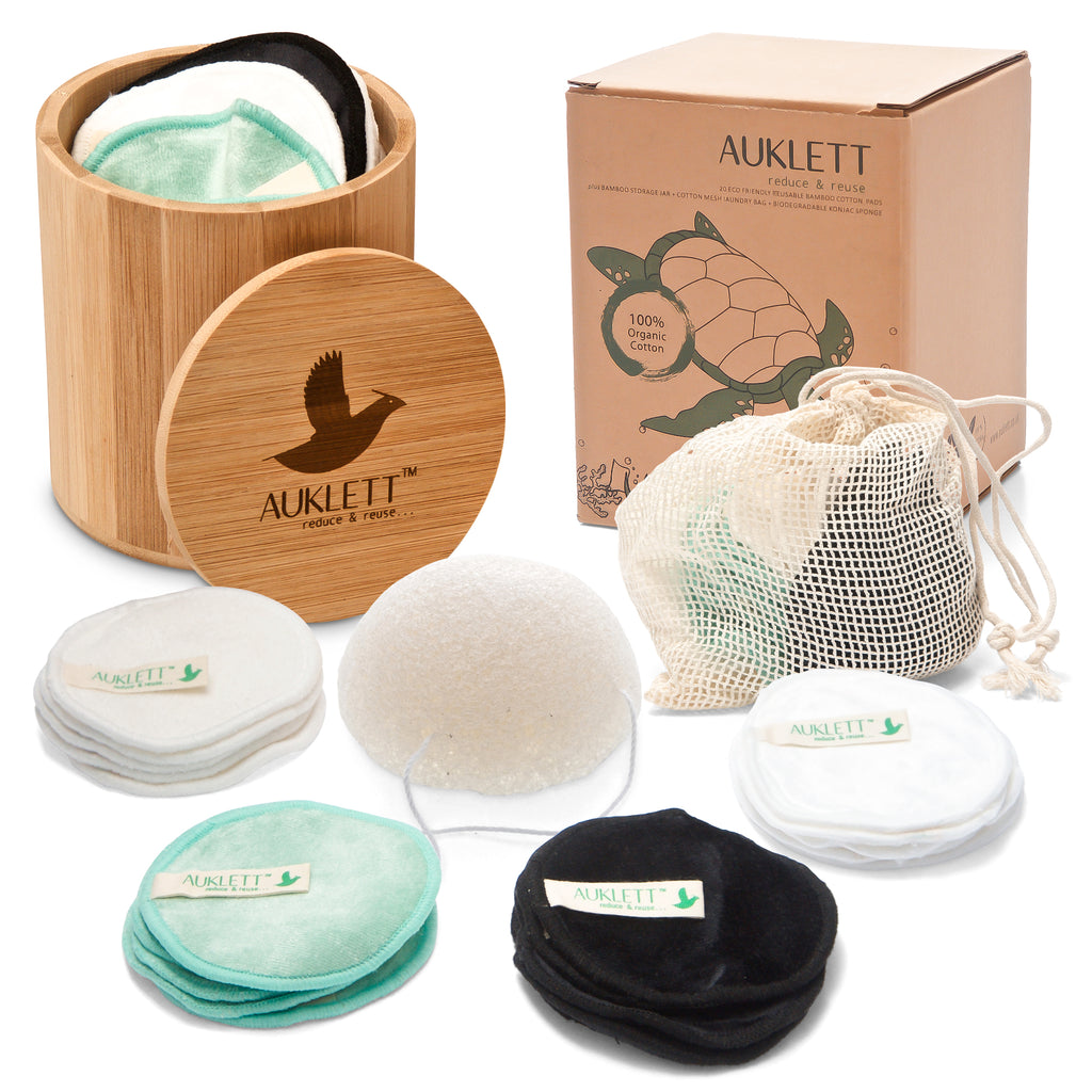 Reusable Bamboo Cotton Pads with Konjac Sponge and Bamboo Storage Pot – Pack of 20 (Multicolour)