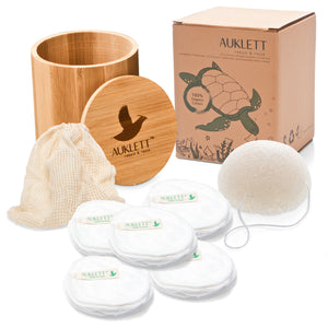 Reusable Bamboo Cotton Pads with Konjac Sponge and Bamboo Storage Pot – Pack of 20 (White)